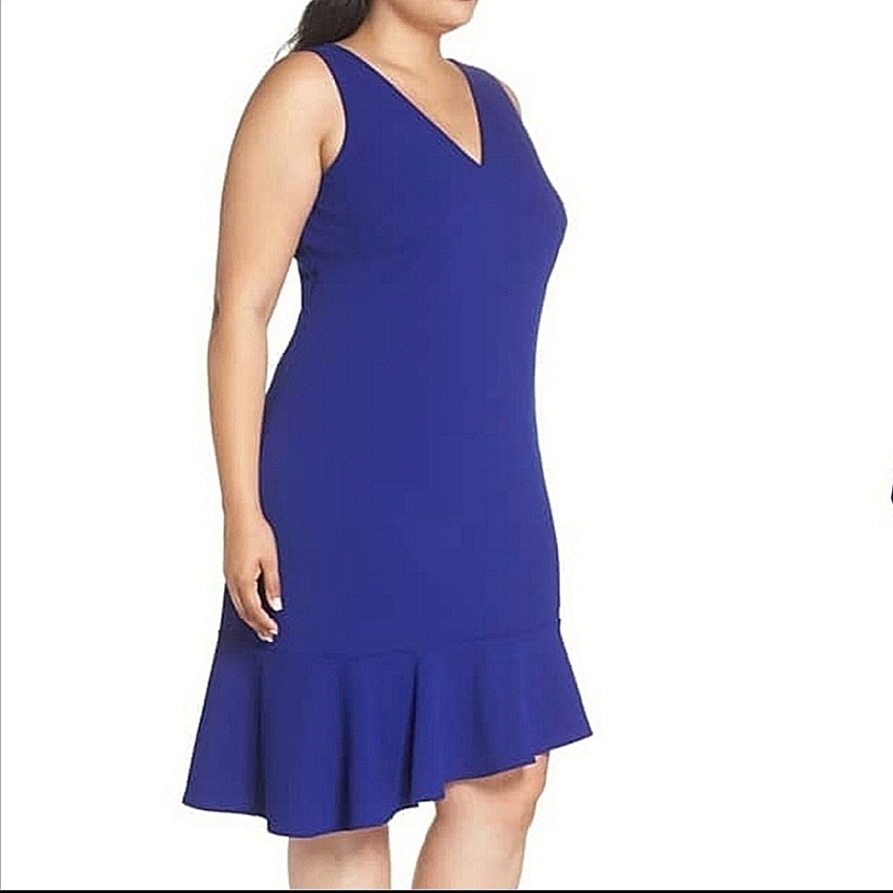 Vince Camuto Royal Blue V-Neck Ruffle-Hem Midi Dress - Picture 2 of 15